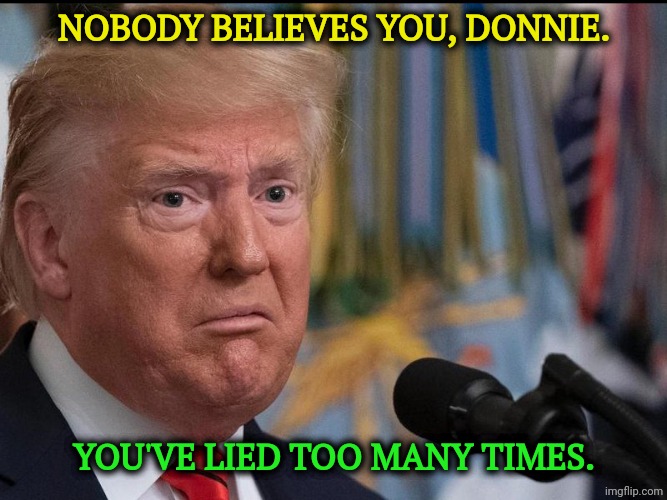 Fake news? | Nobody believes you, Donnie. You've lied too many times. | image tagged in donald trump - dilated eyes,trump,fake news,assassination,stage | made w/ Imgflip meme maker