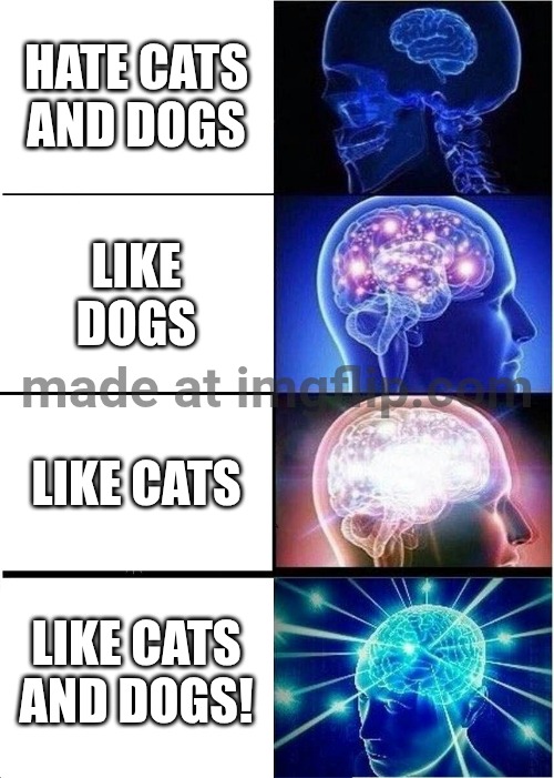 Expanding Brain | Hate cats and dogs; Like dogs; Like cats; like cats and dogs! | image tagged in memes,expanding brain | made w/ Imgflip meme maker
