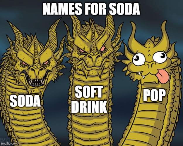 entera clever title | names for soda; soft drink; pop; soda | image tagged in three-headed dragon | made w/ Imgflip meme maker