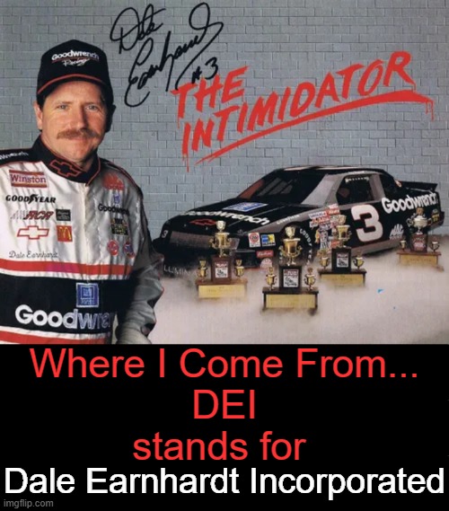 Hard to believe it has been 25 years since he died... | Where I Come From...
DEI
stands for; Dale Earnhardt Incorporated | image tagged in dei,dale earnhardt,the intimidator | made w/ Imgflip meme maker