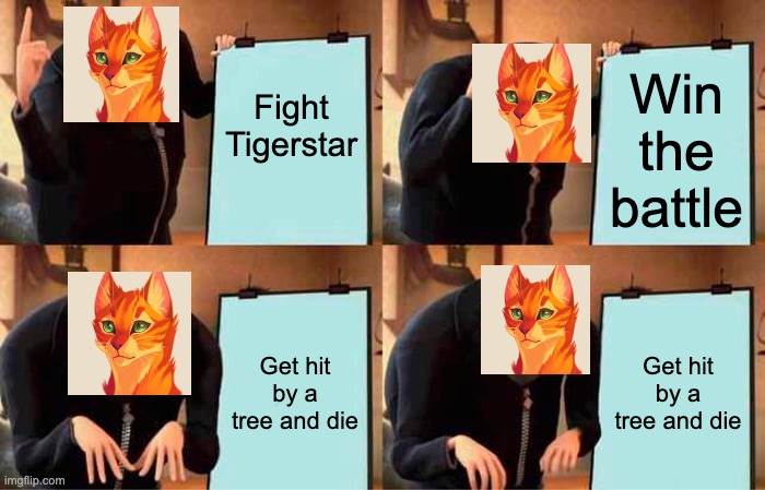 Firestar's plan | Fight Tigerstar; Win the battle; Get hit by a tree and die; Get hit by a tree and die | image tagged in memes,gru's plan,warrior cats | made w/ Imgflip meme maker