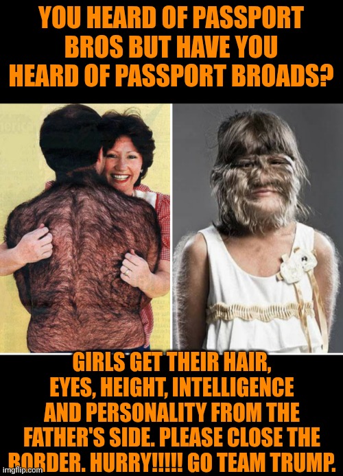 Funny | You heard of passport bros but have you heard of passport broads? Girls get their hair, eyes, height, intelligence and personality from the father's side. Please close the border. Hurry!!!!! Go team Trump. | image tagged in funny,passport,secure the border,genetics,president trump,politics | made w/ Imgflip meme maker
