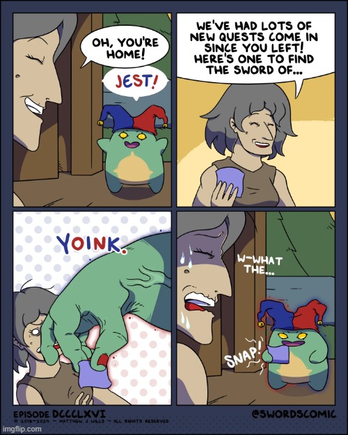 Watch out, Granny... | image tagged in swords,sprout,quest,jest,granny,uh oh | made w/ Imgflip meme maker