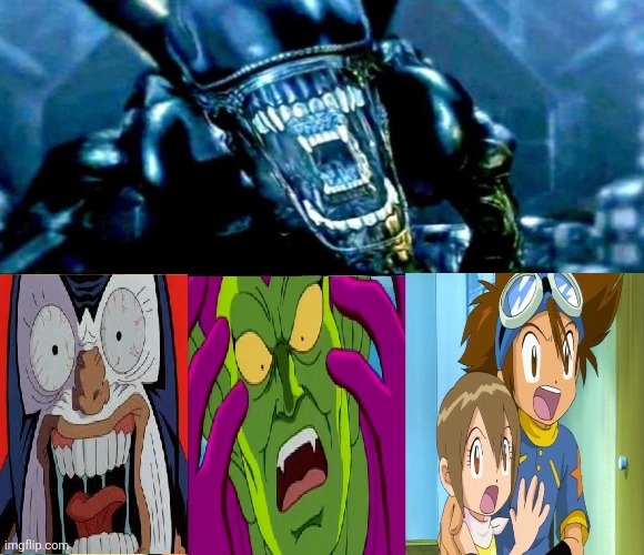 Bane, green goblin, tai and Kari scared of xenomorph | image tagged in fox_girls_scared_of_xenomorph_by_solosergiohd1_dixiejm png | made w/ Imgflip meme maker