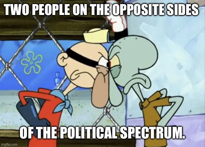 Political confrontation. | Two people on the opposite sides; Of the political spectrum. | image tagged in spongebob,political meme,squidward | made w/ Imgflip meme maker