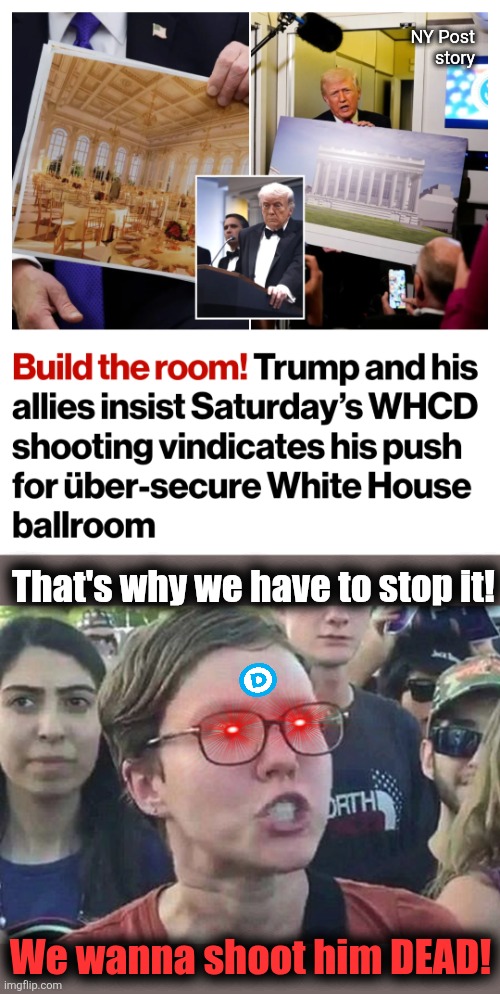 Libs for gun violence | NY Post
story; That's why we have to stop it! We wanna shoot him DEAD! | image tagged in triggered liberal,memes,democrats,trump derangement syndrome,ball room,gun violence | made w/ Imgflip meme maker