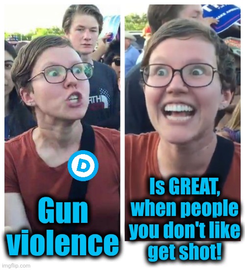 Libs for gun violence | Is GREAT,
when people
you don't like
get shot! Gun
violence | image tagged in social justice warrior hypocrisy,memes,gun violence,trump derangement syndrome,democrats,whcd | made w/ Imgflip meme maker