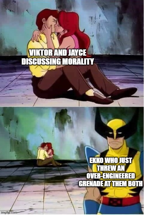Day 515 of Arcane memes until the next season/series comes out. | viktor and jayce discussing morality; ekko who just threw an over-engineered grenade at them both | image tagged in sad wolverine left out of party,arcane | made w/ Imgflip meme maker