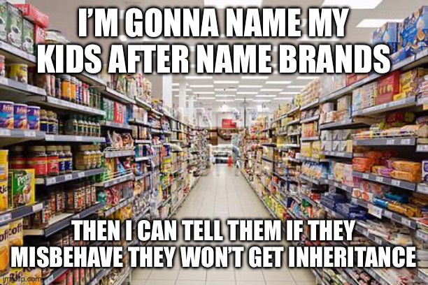 I’m gonna name my kids after name brands Then I can tell them if they misbehave they won’t get inheritance | image tagged in grocery aisle,name brands,kid names,inheiritance | made w/ Imgflip meme maker