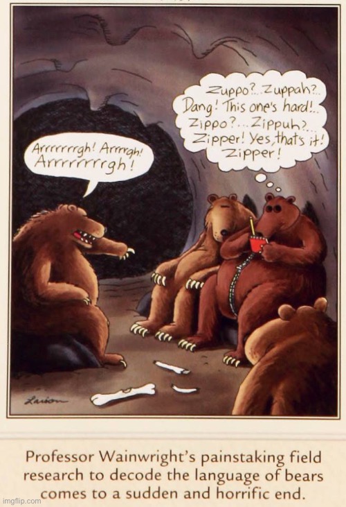 The beginning of the end… | image tagged in the far side,comics,bears,scientist,zipper,big trouble | made w/ Imgflip meme maker