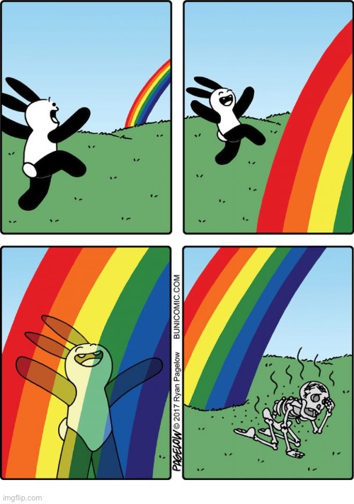 Buni Comics | image tagged in comics,buni comics,rainbow,follow,zapped,skeleton | made w/ Imgflip meme maker