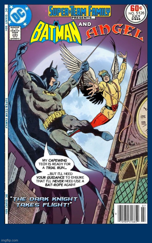 The Caped Crusader meets the winged X-Man | image tagged in comics,batman,angel,crossover,super team family | made w/ Imgflip meme maker