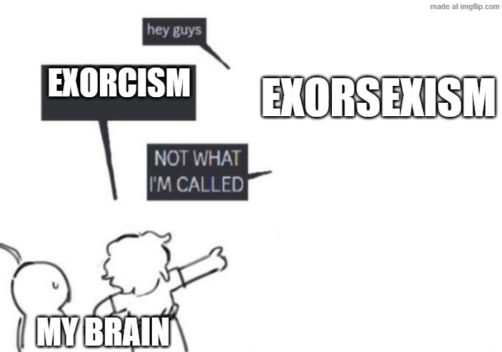 wtf is exorsexism | Exorsexism; Exorcism; My brain | image tagged in hey guys - not what i'm called | made w/ Imgflip meme maker