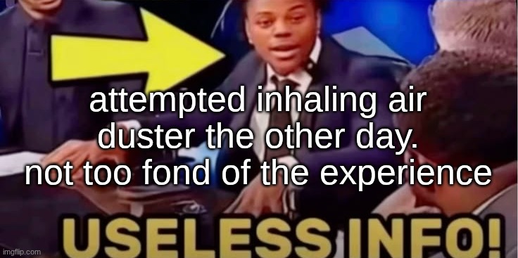 useless info | attempted inhaling air duster the other day. not too fond of the experience | image tagged in useless info | made w/ Imgflip meme maker