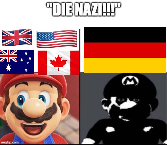 if you think abt it | "die nazi!!!" | image tagged in happy mario vs dark mario,language memes,mario,memes,funny,mr incredible becoming uncanny | made w/ Imgflip meme maker