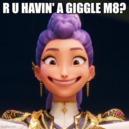 Hello there. OwO | R u havin' a giggle M8? | image tagged in grinning rumi,kpop demon hunters,random,shitpost,raid shadow legends,you have been eternally cursed for reading the tags | made w/ Imgflip meme maker