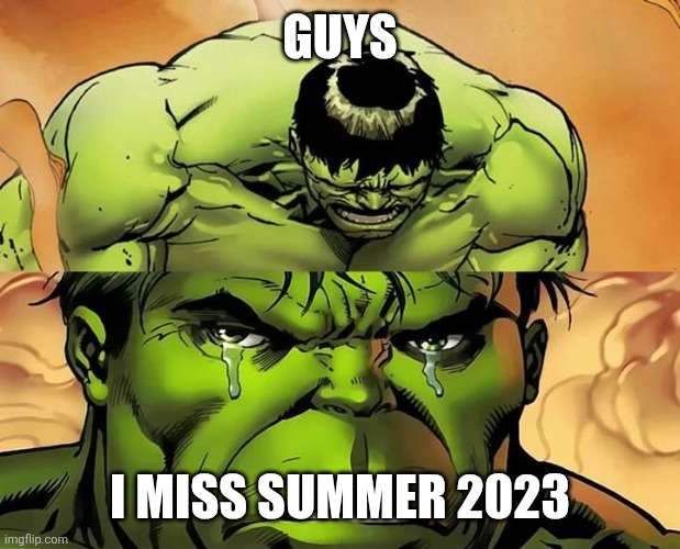 Crying Hulk | Guys; I miss summer 2023 | image tagged in crying hulk,memes,summer 2023 nostalgia | made w/ Imgflip meme maker