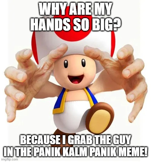 Toad with Big Hands | Why are my hands so big? because i grab the guy in the panik kalm panik meme! | image tagged in toad with big hands | made w/ Imgflip meme maker