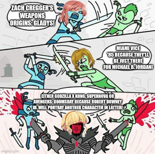 Sword fight | Zach Cregger's Weapons Origins: Gladys! Miami Vice '85 because they'll be just there for Michael B. Jordan! Either Godzilla x Kong: Supernova or Avengers: Doomsday because Robert Downey Jr. will portray another character in latter! | image tagged in sword fight,prediction,avengers,miami vice,weapons,monsterverse | made w/ Imgflip meme maker