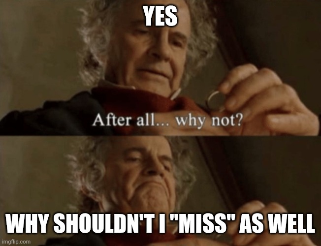 After all.. why not? | Yes; Why shouldn't I "miss" as well | image tagged in after all why not | made w/ Imgflip meme maker