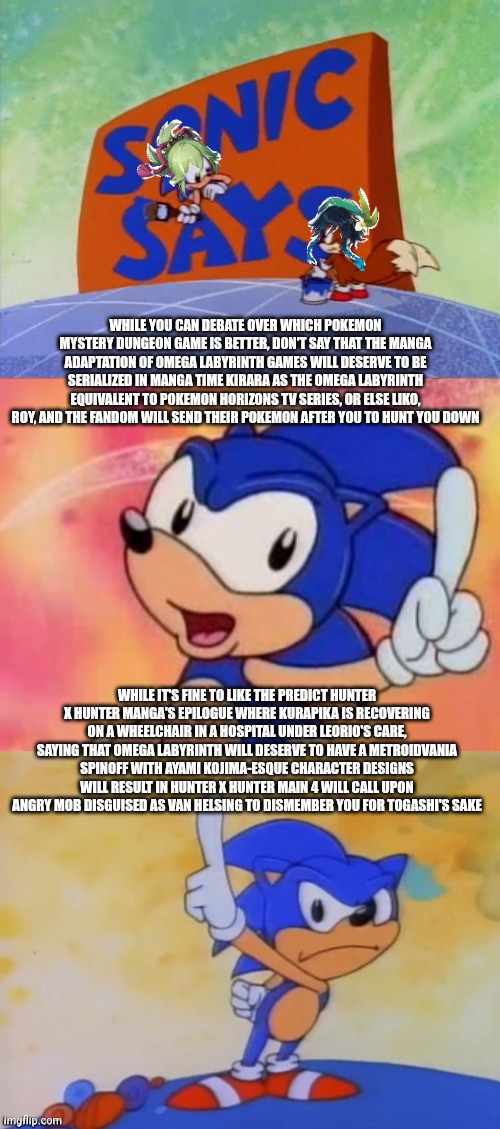 Sonic Sez | While you can debate over which Pokemon Mystery Dungeon game is better, don't say that the manga adaptation of Omega Labyrinth games will deserve to be serialized in Manga Time Kirara as the Omega Labyrinth equivalent to Pokemon Horizons TV series, or else Liko, Roy, and the fandom will send their Pokemon after you to hunt you down; While it's fine to like the predict Hunter x Hunter manga's epilogue where Kurapika is recovering on a wheelchair in a hospital under Leorio's care, saying that Omega Labyrinth will deserve to have a Metroidvania spinoff with Ayami Kojima-esque character designs will result in Hunter x Hunter Main 4 will call upon angry mob disguised as Van Helsing to dismember you for Togashi's sake | image tagged in sonic sez,pokemon mystery dungeon,castlevania,omega labyrinth,paranoia,pokemon horizons | made w/ Imgflip meme maker