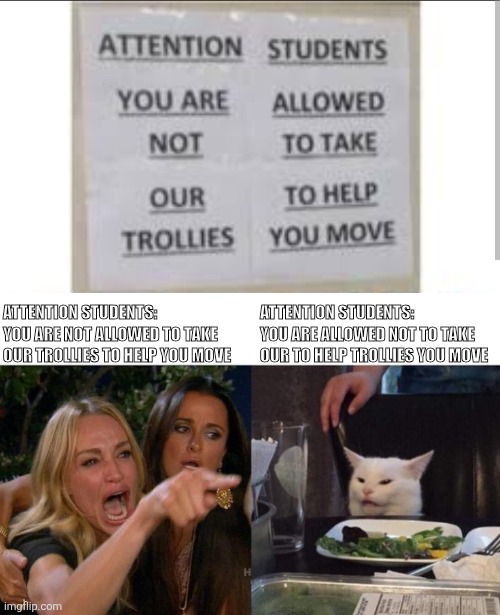 Jumbled Message | Attention students: You are not allowed to take our trollies to help you move; Attention students: You are allowed not to take our to help trollies you move | image tagged in memes,woman yelling at cat | made w/ Imgflip meme maker