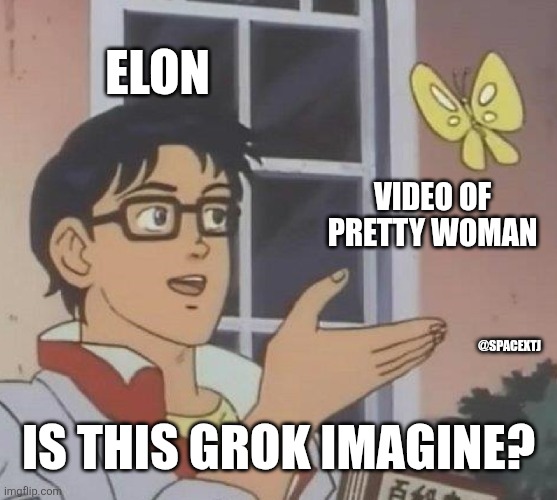 Grok imagine | Elon; Video of pretty woman; @spacextj; Is this grok imagine? | image tagged in memes,is this a pigeon | made w/ Imgflip meme maker