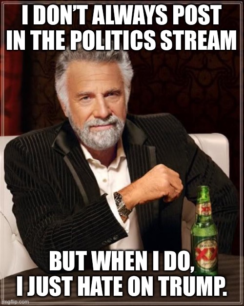 The Most Interesting Man In The World Meme | I don’t always post in the politics stream; But when I do, I just hate on trump. | image tagged in memes,the most interesting man in the world,politics,donald trump,i hate you,unnecessary tags | made w/ Imgflip meme maker