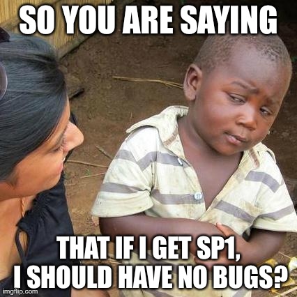 Third World Skeptical Kid Meme | SO YOU ARE SAYING THAT IF I GET SP1, I SHOULD HAVE NO BUGS? | image tagged in memes,third world skeptical kid | made w/ Imgflip meme maker