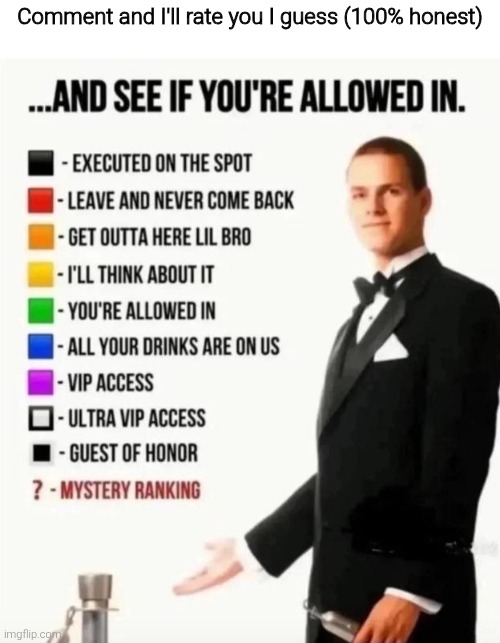 And see if you're allowed in | Comment and I'll rate you I guess (100% honest) | image tagged in and see if you're allowed in | made w/ Imgflip meme maker