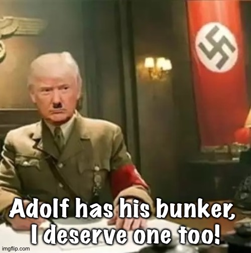 Adolf has his bunker, 
I deserve one too! | image tagged in donald trump hitler | made w/ Imgflip meme maker