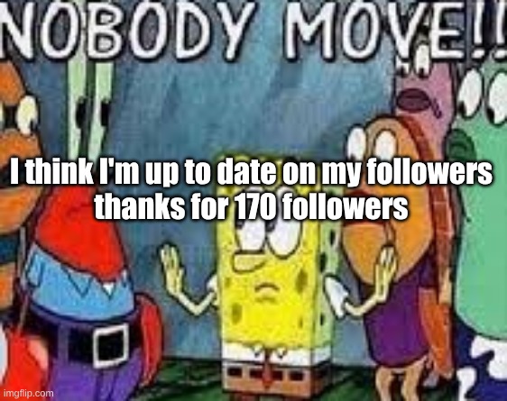 NOBODY MOVE!! | I think I'm up to date on my followers
thanks for 170 followers | image tagged in nobody move | made w/ Imgflip meme maker