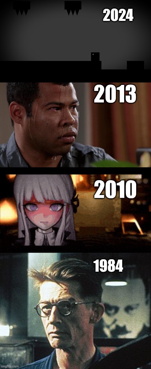Evolution 1984-2024 | 2024; 2013; 2010; 1984 | image tagged in danganronpa kyoko kirigiri,being stared at,evolution | made w/ Imgflip meme maker