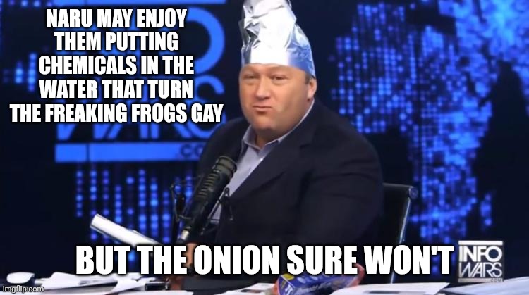 alex jones tinfoil hat | Naru may enjoy them putting chemicals in the water that turn the freaking frogs gay But the onion sure won't | image tagged in alex jones tinfoil hat | made w/ Imgflip meme maker