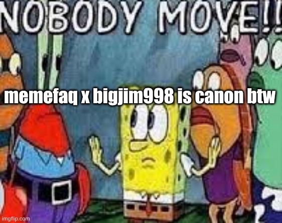 NOBODY MOVE!! | memefaq x bigjim998 is canon btw | image tagged in nobody move | made w/ Imgflip meme maker