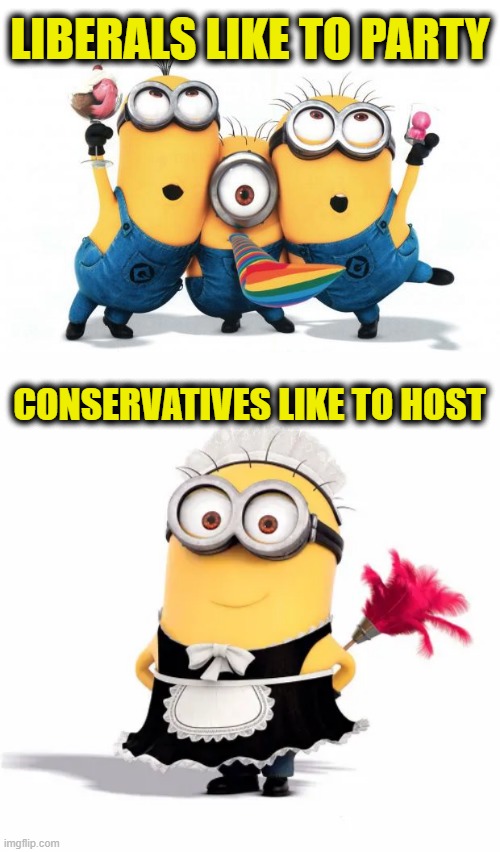 Liberals like to party Conservatives like to host | image tagged in minion party despicable me | made w/ Imgflip meme maker