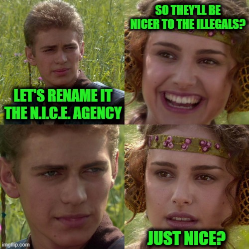 I Stand NICEly | so they'll be nicer to the illegals? Let's rename it the N.i.c.e. Agency; just nice? | image tagged in anakin padme 4 panel | made w/ Imgflip meme maker