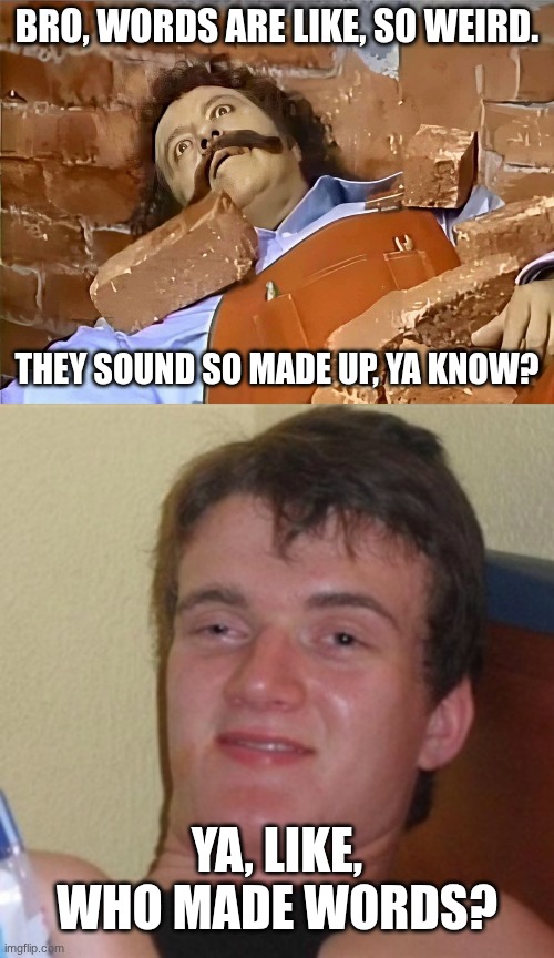 Why are words? | Bro, words are like, so weird. they sound so made up, ya know? Ya, like, who made words? | image tagged in mario bricked up,high/drunk guy | made w/ Imgflip meme maker