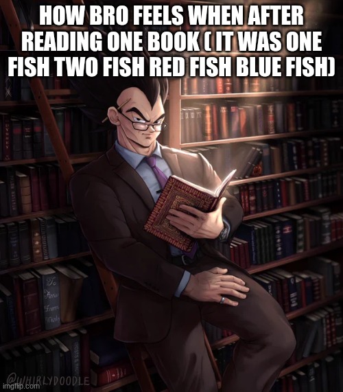 he reads like a 1st grader in 7th grade | how bro feels when after reading one book ( it was one fish two fish red fish blue fish) | image tagged in librarian vegeta | made w/ Imgflip meme maker