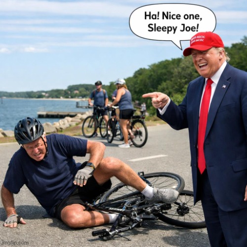 Biden falling off a bike while Trump just watches, calling him S | image tagged in biden falling off a bike while trump just watches calling him s | made w/ Imgflip meme maker
