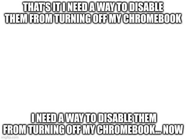 I AM SICK AND TIRED OF MY ART GETTING DELETED. | THAT'S IT I NEED A WAY TO DISABLE THEM FROM TURNING OFF MY CHROMEBOOK; I NEED A WAY TO DISABLE THEM FROM TURNING OFF MY CHROMEBOOK... NOW | made w/ Imgflip meme maker