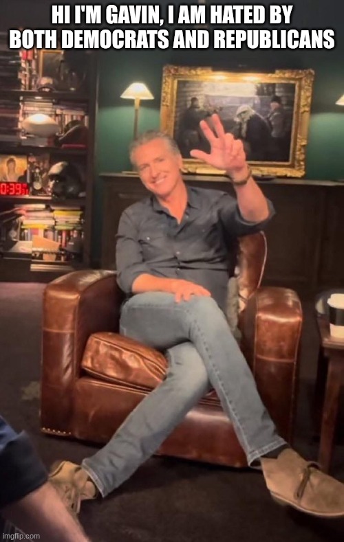 Gavin Newsom | hi i'm gavin, I am hated by both Democrats and Republicans | image tagged in gavin newsom | made w/ Imgflip meme maker