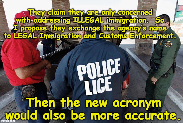 ICE Considering New Name | They claim they are only concerned with addressing ILLEGAL immigration.  So I propose they exchange the agency’s name to LEGAL Immigration and Customs Enforcement. L; Then the new acronym would also be more accurate. | image tagged in police,maga,illegal immigration,immigrants,donald trump approves,fascists | made w/ Imgflip meme maker