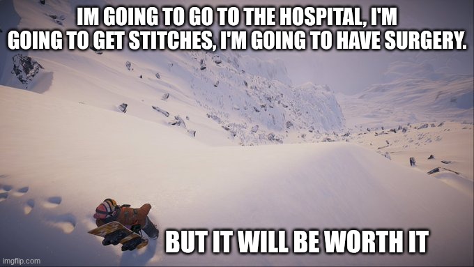 DOWN HERE I COME | Im going to go to the hospital, I'm going to get stitches, I'm going to have surgery. but it will be worth it | image tagged in steep cliff,funny,fun,oh wow are you actually reading these tags | made w/ Imgflip meme maker