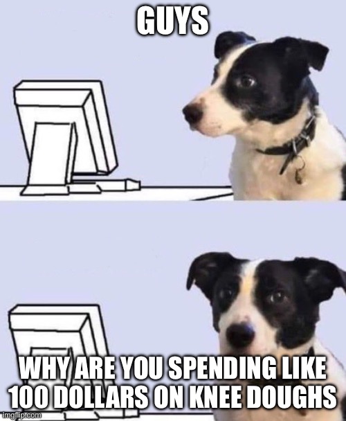 good lord dog | Guys; Why are you spending like 100 dollars on knee doughs | image tagged in good lord dog | made w/ Imgflip meme maker