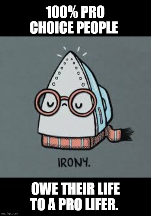 Pro life | 100% Pro choice people; OWE their life to a Pro lifer. | image tagged in irony jpg,pro life,pro choice | made w/ Imgflip meme maker