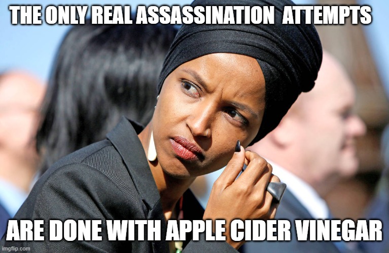 Ilhan Omar | The only real assassination  attempts; are done with apple cider vinegar | image tagged in ilhan omar,correspondents dinner | made w/ Imgflip meme maker