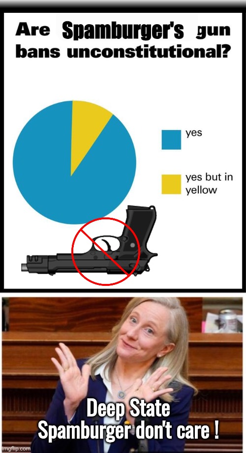 Deep State Spamburger's gun scam scheme | Spamburger's; Deep State Spamburger don't care ! | image tagged in img 33 jpeg,abigail spanberger,gun control | made w/ Imgflip meme maker