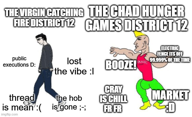 hunger games meme (iykyk) | the virgin catching fire district 12; the chad hunger games district 12; electric fence its off 99.999% of the time; public executions D:; BOOZE! lost the vibe :l; cray is chill fr fr; market :D; the hob is gone ;-;; thread is mean :( | image tagged in virgin vs chad | made w/ Imgflip meme maker