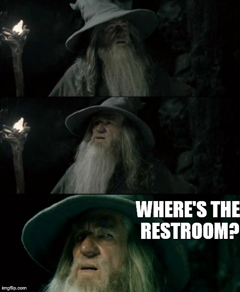 Confused Gandalf | WHERE'S THE RESTROOM? | image tagged in memes,confused gandalf | made w/ Imgflip meme maker
